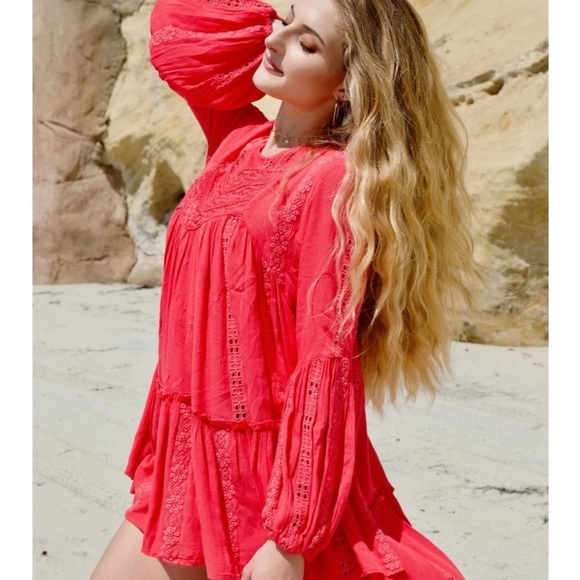 Free People Sweetest Dream Tunic Top L Coral Pink Boho Open Back NWT - Picture 12 of 12